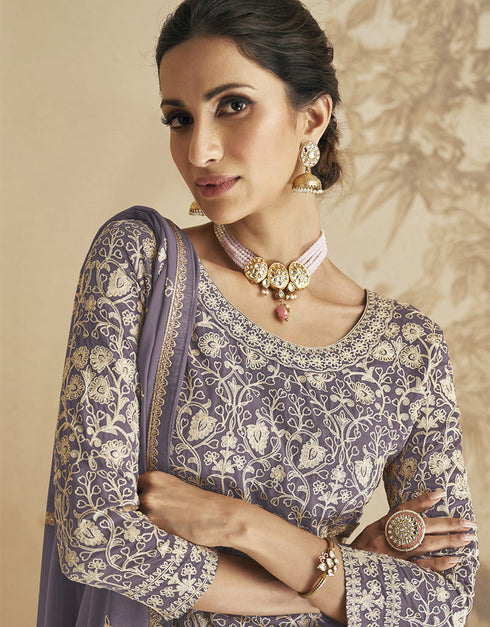 Traditional Function Wear Georgette Salwar Suit Collection Purple Georgette Sharara Suit Close-up View